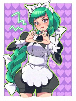1girl apron black_romper blush bow bowtie braid braided_ponytail breasts brown_eyes four-finger_heart_hands green_hair hair_bow heart heart_hands highres lebanne_(pokemon) long_hair long_sleeves looking_at_viewer maid maid_apron maid_headdress nintendo nonoworks open_mouth pokemon pokemon_legends:_z-a puffy_sleeves romper solo sweatdrop white_bow white_bowtie