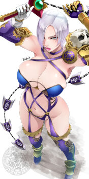 1girl armor armpits arms_up bare_shoulders breasts butcha-u choker cleavage commentary_request from_above gauntlets grey_eyes hair_over_one_eye highres isabella_valentine large_breasts navel parted_lips pink_lips purple_choker purple_thighhighs revealing_clothes short_hair signature simple_background single_gauntlet solo soul_calibur sword thighhighs translation_request weapon whip whip_sword white_background white_hair