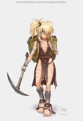 2022 backpack bag bandages barefoot basket blonde_hair blue_eyes breasts chain coal collar dated dirty elf fantasy hairband holding holding_pickaxe leg_tattoo lettanya_(maxa&#039;) light_frown maxa&#039; original patreon_username pickaxe pointy_ears scar shin_guards signature slave slave_clothes small_breasts solo standing tattoo watermark web_address white_background
