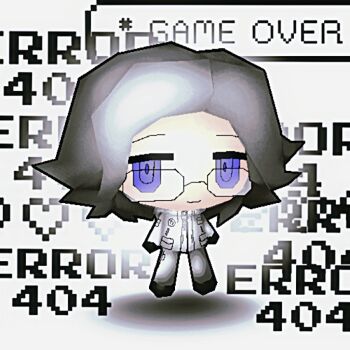 1boy 404 aotsuki_eito chibi chibi_only chinese_commentary commentary_request faux_3d full_body game_over glasses grey_hair http_status_code jacket looking_at_viewer low_poly male_focus purple_eyes short_hair solo the_hundred_line_-last_defense_academy- white_jacket xlingshix