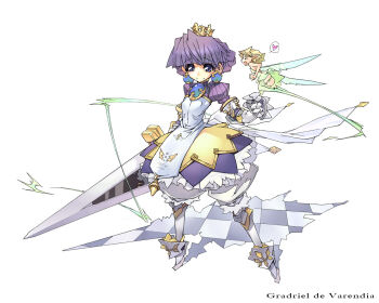 2girls arlia armor armored_dress bloomers boots braid character_name crown dress fairy french_braid gauntlets gold_crown gradriel knee_boots multiple_girls phase_shift princess_crown sword underwear weapon white_background white_bloomers