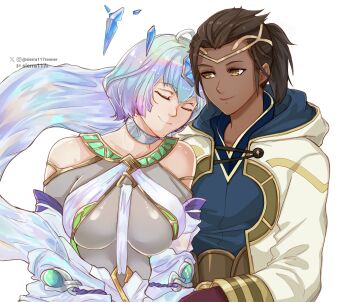 2girls aqua_hair artist_name black_hair breasts brown_eyes brown_gloves circlet closed_eyes closed_mouth commentary commission dark-skinned_female dark_skin english_commentary female_kiran_(fire_emblem) fire_emblem fire_emblem_heroes forehead_jewel gloves gold_trim gradient_hair grey_hair highres hood hood_down jewelry kiran_(fire_emblem) ko-fi_commission large_breasts long_hair long_sleeves looking_at_another multicolored_hair multiple_girls nintendo ponytail purple_hair seidr_(fire_emblem) short_hair sierra117renner simple_background smile yuri