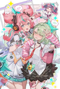 >_< 3girls :d ^_^ absurdres angels_of_delusion aqua_streaks aria_(human)_(zenless_zone_zero) aria_(zenless_zone_zero) arm_warmers bag bangboo_(zenless_zone_zero) bare_back black_hair black_skirt black_thighhighs blush boots center_frills chibi closed_eyes collared_shirt colored_inner_hair commentary_request crossed_bangs dress earrings fingerless_gloves frills full_body fur-trimmed_skirt fur-trimmed_sleeves fur_trim gloves green_eyes green_hair green_halo hair_between_eyes hair_ornament hairclip halo highres holding holding_megaphone jewelry leg_up leg_warmers mechanical_ears megaphone misu_(miisuuu) multicolored_hair multiple_girls multiple_hairclips musical_note_earrings nangong_yu necktie open_mouth pink_arm_warmers pink_bag pink_gloves pink_hair red_eyes red_necktie scar scar_on_back shirt short_twintails skirt smile streaked_hair striped_arm_warmers sunna_(zenless_zone_zero) thighhighs too_many_bows twintails v v_over_eye white_boots white_dress white_shirt white_wings window_(computing) wings zenless_zone_zero
