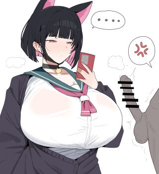 ... 1boy 1girl absurdres anger_vein animal_ears black_choker black_hair black_shirt blue_archive breasts cat_ears cat_girl cellphone choker citizen_k_(pngj5475) closed_mouth collarbone colored_inner_hair curvy ear_piercing erection highres holding holding_phone huge_breasts kazusa_(blue_archive) long_sleeves medium_hair multicolored_hair paid_reward_available penis phone piercing pink_eyes pink_hair shirt shota simple_background smartphone solo_focus spoken_anger_vein spoken_ellipsis sweat white_background white_shirt