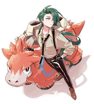 1girl ahoge androgynous black_gloves black_necktie black_pants bright_pupils brown_shirt brown_shoes buttons camerupt collarbone collared_shirt commentary ear_piercing earrings expressionless foreshortening from_above full_body gen_3_pokemon gloves green_hair hair_over_one_eye hand_in_pocket highres jewelry long_hair looking_afar looking_to_the_side low_ponytail necktie nintendo one_eye_covered pants piercing pokemon pokemon_(creature) pokemon_sv pon_(ponymmtknsk) ponytail red_eyes reverse_trap rika_(pokemon) shadow shirt shoes signature solo standing suspenders swept_bangs twitter_username very_long_hair white_pupils