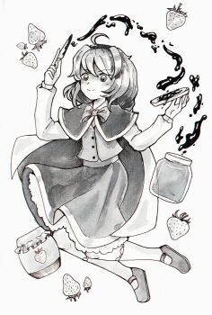 1girl absurdres bow bowtie bread bread_slice capelet closed_mouth dungeon_toaster food food_print fruit fruit_print full_body greyscale highres holding holding_food holding_knife inktober jar knife light_smile long_sleeves looking_at_viewer mary_janes medium_hair monochrome okazaki_yumemi shoes simple_background skirt socks solo strawberry strawberry_print touhou traditional_media white_background