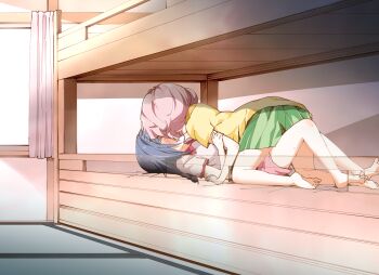 2girls barefoot bed blue_hair blush braid bunk_bed furutani_himawari hair_bobbles hair_ornament highres kamiki_uutarou kiss lying multiple_girls on_back on_bed pink_hair pleated_skirt short_hair shorts skirt sweat window x-ray yoshikawa_chinatsu yuri yuruyuri