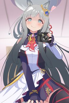 1girl :p absurdres animal_ears blue_eyes blush breasts camera chrono_genesis_(prismatic_curator)_(umamusume) chrono_genesis_(umamusume) closed_mouth commentary_request detached_sleeves dslr fingerless_gloves gloves grey_hair hair_ornament hard7v2 heart highres horse_ears horse_girl pov sitting sitting_on_person small_breasts solo textless_version thighhighs tongue tongue_out umamusume you_gonna_get_raped