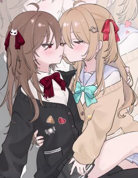 2girls absurdres ahoge aqua_bow aqua_bowtie black_cardigan black_skirt black_thighhighs blue_sailor_collar blue_skirt blush bow bowtie brown_hair cardigan closed_eyes closed_mouth commentary commission english_commentary evil_neuro-sama feet_out_of_frame from_side hair_between_eyes hair_ornament hair_ribbon heart heart_hair_ornament highres imminent_kiss incest long_hair long_sleeves miniskirt multiple_girls neuro-sama off-shoulder_cardigan pleated_skirt potepote_lp red_bow red_bowtie red_eyes red_ribbon ribbon sailor_collar second-party_source siblings sisters skirt skull_hair_ornament thighhighs torn_hair_ribbon twincest twins v-neck vedal_ai virtual_youtuber yellow_cardigan yuri zoom_layer