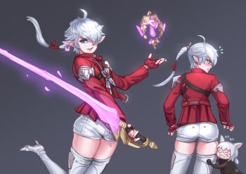 2girls absurdres ahoge alisaie_leveilleur artist_self-insert blue_eyes boots earrings elezen elf final_fantasy final_fantasy_xiv fingerless_gloves gloves grey_background hair_over_one_eye high_heel_boots high_heels highres hjz_(artemi) holding holding_sword holding_weapon jacket jewelry long_hair looking_at_viewer miqo'te multiple_girls multiple_views pointy_ears rapier red_gloves red_jacket romper shorts sword thigh_boots thighhighs weapon white_hair white_legwear white_romper