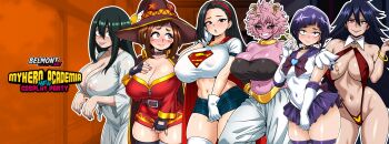 6+girls absurdres ashido_mina asui_tsuyu belmont_art black_hair blush boku_no_hero_academia breasts brown_hair colored_skin cosplay green_hair hat highres jiro_kyoka kono_subarashii_sekai_ni_shukufuku_wo! long_hair megumin_(cosplay) midnight_(boku_no_hero_academia) multiple_girls nipples pink_hair pink_skin short_hair skirt uraraka_ochako yaoyorozu_momo