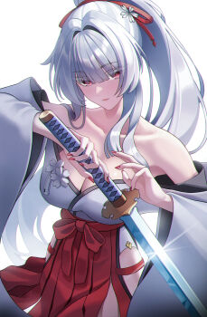 Rule 34 | 1girl, absurdres, bare shoulders, breasts, cleavage, closed mouth, collarbone, colored eyelashes, commentary, fingernails, hakama, hakama skirt, highres, hiyuki (wuthering waves), holding, holding sword, holding weapon, japanese clothes, katana, kimono, large breasts, long fingernails, long hair, looking at viewer, nail polish, off shoulder, ponytail, red eyes, red hakama, red nails, sglike365, simple background, skirt, solo, sword, weapon, white background, white eyelashes, white hair, white kimono, wuthering waves