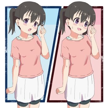 1girl atm_hnt bike_shorts black_hair blush_stickers breasts collarbone dot_nose feet_out_of_frame female_focus hair_between_eyes kuraue_hinata looking_at_viewer open_mouth purple_eyes shirt short_hair short_sleeves skirt small_breasts solo standing white_shirt yama_no_susume