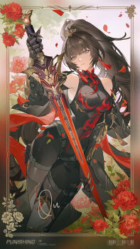 1girl arm_up armpit_crease belt_pouch black_dress black_hair border breasts bright_pupils character_name china_dress chinese_clothes closed_mouth commentary copyright_name crossed_legs dress earrings english_commentary falling_leaves falling_petals fingernails flame_print flower grey_eyes harness_belt highres holding holding_sword holding_weapon impossible_clothes impossible_dress jewelry leaf long_hair looking_at_viewer mechanical_arms mechanical_legs medium_breasts official_alternate_costume official_art ornate_border petals ponytail pouch punishing:_gray_raven qu:_shukra_(sparragon's_triumph)_(pgr) qu_(pgr) red_flower red_petals red_rose rose sharp_fingernails solo standing sword tassel tassel_earrings thigh_pouch weapon white_pupils