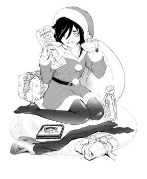 1girl 4chan absurdres bags_under_eyes black_hair brass_knuckles breasts christmas commentary_request dress fur-trimmed_dress fur-trimmed_headwear fur_trim gift greyscale hair_between_eyes hat highres hitachi_magic_wand holding holding_sack jacket kuroki_tomoko long_hair merry_christmas messy_hair mojyo monochrome open_mouth red_dress red_hat sack santa_costume santa_dress santa_hat sex_toy smile solo tanigawa_nico vibrator watashi_ga_motenai_no_wa_dou_kangaetemo_omaera_ga_warui! weapon