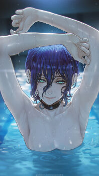 1girl armpits arms_up black_choker chainsaw_man choker closed_mouth commentary completely_nude green_eyes grenade_pin hair_between_eyes highres long_hair_between_eyes looking_at_viewer magion02 mixed-language_commentary nude partially_submerged pool purple_hair reze_(chainsaw_man) scene_reference short_hair skinny_dipping smile solo water wet wet_hair