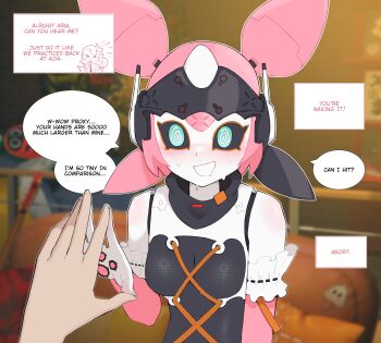 1boy 1girl @_@ absurdres android aria_(robot)_(zenless_zone_zero) aria_(zenless_zone_zero) black_sclera blue_eyes blurry blush breasts colored_sclera colored_skin commentary highres long_hair looking_at_viewer luxu mechanical_ears medium_breasts nervous_smile open_mouth paid_reward_available pink_hair pink_skin pov smile speech_bubble sweat upper_body white_skin zenless_zone_zero
