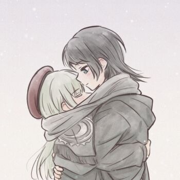 2girls bang_dream! bang_dream!_it&#039;s_mygo!!!!! black_coat black_hair blue_eyes blush closed_eyes coat green_hair grey_scarf hat highres hug long_hair multiple_girls red_hat scarf smile snowing wakaba_mutsumi yahata_umiri yakaze_(yakaze1604) yuri