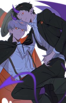 2boys absurdres adachi_tooru ascot black_cape black_hair black_hat black_jacket black_pants black_shoes cape channel_0513 closed_mouth commentary demon_horns demon_tail demon_wings feet_out_of_frame fingernails grey_hair hat highres horns jacket long_fingernails looking_at_viewer male_focus multiple_boys narukami_yu open_clothes open_jacket orange_eyes orange_nails pants persona persona_4 pointy_ears purple_horns purple_socks purple_tail purple_wings shirt shoes short_hair smile socks straddling suspenders symbol-only_commentary tail thigh_straddling top_hat two-tone_cape white_ascot white_background white_shirt wings