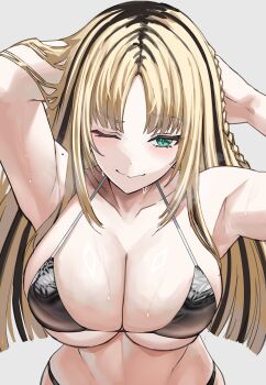 1girl absurdres arms_up bikini black_bikini black_hair blonde_hair braid breasts green_eyes grey_background highres hololive hololive_dev_is koganei_niko large_breasts long_hair mole mole_on_shoulder multicolored_hair one_eye_closed ring_light_reflection si_farid side_braid swimsuit two-tone_hair virtual_youtuber wet