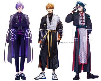 3boys 3skm_(nijisanji) :d ahoge aqua_belt bead_bracelet beads belt belt_buckle black_choker black_gloves black_hakama black_pants black_shirt black_shoes blue_eyes blue_hair bracelet buckle changpao chinese_clothes choker closed_mouth coat coat_on_shoulders collar_chain_(jewelry) collared_shirt commentary_request copyright_notice cropped_jacket cross-laced_shoes crossed_arms dress_shoes earrings eyewear_strap feather_earrings feathers fold-over_collar formal_clothes full_body gloves green_eyes grey_coat grey_vest hair_between_eyes hair_rings hakama hakama_skirt hand_in_pocket haori inaotteko_ze jacket japanese_clothes jewelry kaisei_(nijisanji) kitami_yusei lineup long_belt long_sleeves looking_at_viewer male_focus multicolored_hair multicolored_shoes multiple_boys neck_tattoo necktie nijisanji official_art open_clothes open_collar open_jacket open_mouth orange_hair orange_jacket pants pants_under_skirt patterned_clothing purple-tinted_eyewear purple_belt purple_coat purple_hair purple_jacket purple_necktie purple_pants purple_suit red_eyes red_hair robe round_eyewear sakaki_ness sample_watermark shirt shoes short_hair side_slit sideways_glance simple_background single_earring single_hair_ring single_off_shoulder skirt smile standing streaked_hair suit suit_jacket tattoo tie_clip tinted_eyewear turtleneck turtleneck_shirt two-sided_coat two-sided_fabric two-sided_jacket two-tone_shoes vest virtual_youtuber watermark white_background white_robe white_shirt white_shoes yellow_belt