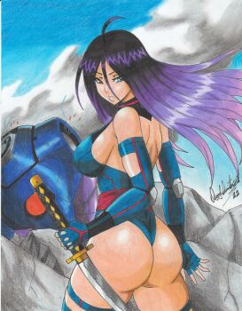 1girl ass blue_eyes breasts elbow_gloves fingerless_gloves gloves halterneck highres holding holding_sword holding_weapon large_breasts long_hair looking_back marvel psylocke purple_hair ravernclouk_design sentinel_(x-men) smoke sword thigh_strap thighs traditional_media weapon x-men