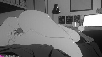 1girl animated animated_gif ass barefoot bedroom commentary completely_nude computer dildo ear_piercing english_commentary feet female_focus female_masturbation flou_(flou_art) foreshortening greyscale laptop long_hair looping_animation lying masturbation monochrome nude object_insertion original piercing pussy pussy_juice screen_light sex_toy shiny_skin solo toe_scrunch toes uncensored vaginal vaginal_object_insertion watermark web_address