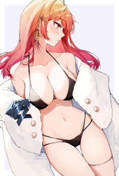 1girl absurdres alternate_costume bikini black_bikini blush border breasts buttons cleavage clothes_down collarbone commentary earrings fur_jacket gradient_hair hair_ornament hairclip halterneck highres hololive hololive_dev_is ichijou_ririka jacket jewelry large_breasts long_hair looking_to_the_side multi-strapped_bikini_bottom multicolored_hair navel open_clothes open_jacket orange_eyes orange_hair parted_lips pink_hair purple_background simple_background solo stomach string_bikini swimsuit thigh_gap thighlet twitter_username virtual_youtuber white_border yuzureei