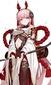 1girl absurdres animal_ears archery archery_shooting_glove blue_eyes blunt_bangs blush bow_(weapon) breasts clothing_cutout cowboy_shot fake_animal_ears gloves granblue_fantasy highres kyuudou long_hair medium_breasts muneate navel partially_fingerless_gloves pink_hair quiver sandira_(granblue_fantasy) shiro_wa_(shiroshironix) smile solo stomach_cutout thighhighs very_long_hair weapon yumi_(bow)