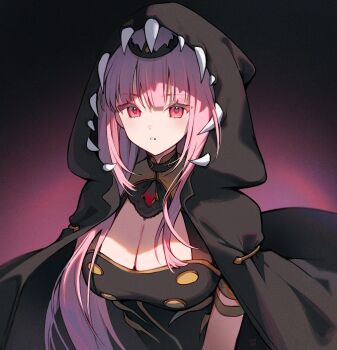 1girl breasts cleavage cloak highres hololive hololive_english hood hood_up hooded_cloak large_breasts long_hair looking_at_viewer mori_calliope pink_eyes pink_hair solo virtual_youtuber yenkoes