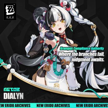 1girl aqua_nails armpits bare_shoulders bell bell_earrings black_background black_hair black_shorts braid character_name charm_(object) china_dress chinese_clothes commentary detached_sleeves dialyn_(zenless_zone_zero) dress earrings english_commentary english_text gloves green_nails hair_ornament highres holding holding_photo jewelry long_hair looking_at_viewer multicolored_hair multicolored_nails necktie official_art open_mouth partially_fingerless_gloves phone photo_(object) shorts solo split-color_hair tongue twin_braids white_dress white_hair wire yellow_eyes yellow_necktie zenless_zone_zero