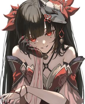 1girl bell breasts brown_hair cleavage evil_grin evil_smile fox_mask grin hair_ornament hand_on_own_cheek hand_on_own_face highres holding holding_string honkai:_star_rail honkai_(series) japanese_clothes looking_at_viewer makeup mask mask_on_head misaki_(mskmmti) neck_bell red_eyes smile solo sparkle_(honkai:_star_rail) string twintails white_background