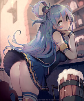 1girl aqua_(konosuba) ass bare_shoulders beer_mug blue_eyes blue_hair blurry blurry_background blush breasts commentary cup depth_of_field detached_sleeves dress drunk elbow_rest elbows_on_table english_commentary hair_between_eyes hair_ornament hair_rings head_rest highres kono_subarashii_sekai_ni_shukufuku_wo! long_hair long_sleeves looking_at_viewer looking_back mug no_panties parororo patreon_username skindentation skirt smile solo sphere_hair_ornament squeans thighhighs very_long_hair watermark web_address wind wind_lift