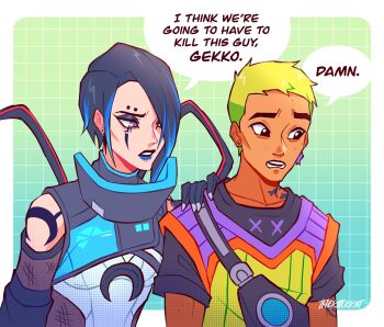 1boy 1girl apex_legends black_eyeshadow black_gloves black_hair black_shirt blue_hair blue_lips breasts brown_eyes cable catalyst_(apex_legends) clothing_cutout collarbone commentary crossover dark-skinned_male dark_skin english_commentary english_text eyeshadow gekko_(valorant) gloves green_hair green_vest grey_eyes hair_behind_ear hand_on_another&#039;s_shoulder highres i_think_we&#039;re_gonna_have_to_kill_this_guy_steven_(meme) looking_down makeup meme multicolored_hair multicolored_vest parted_lips purple_vest shirt short_hair shoulder_cutout small_breasts speech_bubble streaked_hair thekittlekat valorant vest