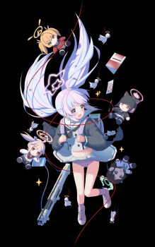 1girl :d absurdres after-school_sweets_club_(blue_archive) ahoge airi_(blue_archive) backpack bag black_background black_jacket black_neckerchief blue_archive blue_hair blue_panties blue_socks blush book buttons character_doll chinese_commentary clothes_lift commentary_request crying crying_with_eyes_open doll double-breasted dsfr floating_clothes floating_hair full_body gluteal_fold green_halo grey_serafuku grey_shirt grey_skirt gun hair_ornament halo highres holding_strap jacket kazusa_(blue_archive) knees_together_feet_apart long_hair midriff mixed-language_commentary multicolored_hair multicolored_panties multicolored_socks natsu_(blue_archive) navel neckerchief open_bag open_clothes open_jacket open_mouth panties pen pink_bag pink_hair pink_halo pink_panties pink_shoes pink_socks pleated_skirt reisa_(blue_archive) sailor_collar sailor_shirt school_bag school_uniform serafuku shirt shoes shotgun sidelocks simple_background skirt skirt_lift smile sneakers socks sparkle standard_manufacturing_dp-12 star_(symbol) star_hair_ornament star_halo string striped_clothes striped_panties striped_socks tears teruterubouzu turning_head twintails two-tone_hair underwear weapon white_sailor_collar wind wind_lift yellow_halo yoshimi_(blue_archive)