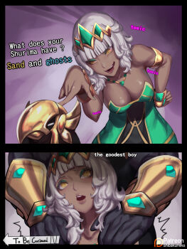 1girl 2boys 2koma armlet azir blunt_bangs bracelet breasts comic commentary_request dark_skin dress english_text eyeshadow green_dress hetero highres jewelry kumiko_shiba league_of_legends makeup multiple_boys nail_polish nasus necklace pointing qiyana_(league_of_legends) smug standing tiara to_be_continued yellow_eyes
