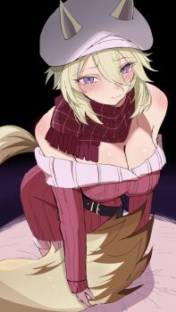 1girl animal_ears belt black_belt blonde_hair breasts cat_ears cat_girl cat_tail cleavage commentary_request hair_between_eyes hat highres kage_no_jitsuryokusha_ni_naritakute! kage_no_jitsuryokusha_ni_naritakute!_master_of_garden large_breasts leaning_forward looking_at_viewer purple_eyes red_scarf red_sweater ryunenirasutobu scarf short_hair_with_long_locks solo sweater tail zeta_(kagejitsu)