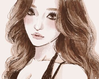 1girl aespa breasts brown_eyes brown_hair cleavage collarbone commentary eyelashes hashtag-only_commentary illust2222 lips makeup mascara medium_breasts ningning_(aespa) portrait real_life solo wavy_hair