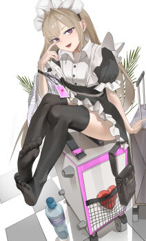 1girl absurdres black_thighhighs bottle brown_hair feet highres lanyard long_hair looking_at_viewer maid open_mouth original purple_eyes soles thighhighs toes water_bottle weeyi