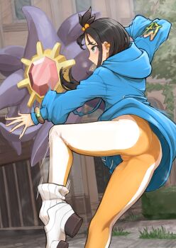1girl ass black_hair blue_hoodie cameltoe dancing gen_1_pokemon highres hood hoodie lida_(pokemon) mochoi_soku nintendo outdoors pants pokemon pokemon_(creature) pokemon_legends:_z-a shoes socks starmie white_shoes white_socks yoga_pants