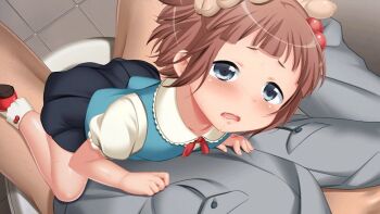 1boy 1girl age_difference anim_(company) animated animated_gif blue_eyes blush bouncing brown_hair clothed_sex flat_chest girl_on_top hair_bobbles hair_ornament half-closed_eyes hand_on_another's_head heavy_breathing hetero janitor loli miyama_mia moshi_mo_youmuin_no_ojisan_ga_saimin_wo_oboetara no_panties open_mouth saliva sex shoes short_hair skirt socks solo_focus steam sweat teacher toilet un-tabetarou