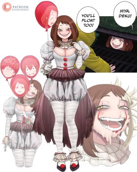 1boy 1girl absurdres asui_tsuyu balloon boku_no_hero_academia breasts brown_hair cleavage cosplay dismaiden fangs highres holding holding_balloon it_(stephen_king) large_breasts meme midoriya_izuku open_mouth pennywise pennywise_(cosplay) pennywise_in_the_sewer_(meme) smile storm_drain toga_himiko transformation uraraka_ochako yellow_eyes