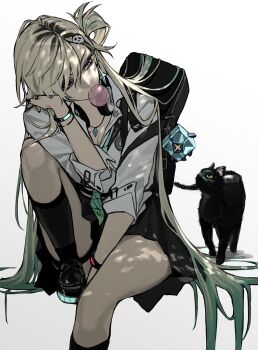 1girl absurdres animal aqua_necktie bag black_shoes black_skirt blonde_hair blowing_bubble_gum cat chewing_gum commentary earrings gradient_hair hair_ornament headphones headphones_around_neck highres jewelry long_hair lynae_(wuthering_waves) ma0ma0_0 multicolored_hair necklace necktie pleated_skirt purple_eyes shoes shoulder_bag simple_background sitting skirt skull_hair_ornament solo star_(symbol) star_earrings very_long_hair white_background wuthering_waves