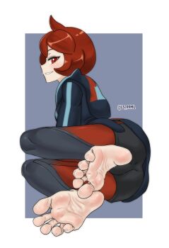 1girl absurdres ahoge arezu_(pokemon) artist_name ass barefoot border breasts cameltoe cowlick eyelashes feet feet_up female_focus foot_focus full_body galaxy_team_survey_corps_uniform gradient_legwear highres hood hoodie leggings leggings_under_shorts legs long_sleeves looking_at_viewer lying matching_hair/eyes medium_breasts medium_hair multiple_views nintendo on_side pokemon pokemon_legends:_arceus presenting_own_foot profile red_eyes red_hair short_shorts shorts sidelocks sideways_glance sideways_mouth skin_tight smirk smug soles toenails toes tsukimaru_(ls_99ml) turnaround white_border