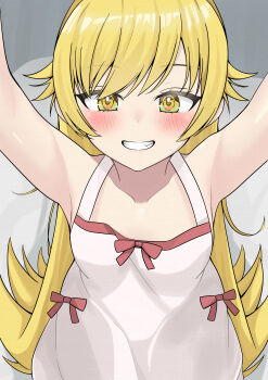 1girl absurdres armpits arms_up bakemonogatari bare_shoulders blonde_hair blush collarbone commentary_request cowboy_shot dress eyelashes fang flat_chest grey_background hatashirou highres leaning_forward long_hair looking_at_viewer monogatari_(series) oshino_shinobu sidelocks simple_background sleeveless sleeveless_dress smile solo very_long_hair white_dress yellow_eyes