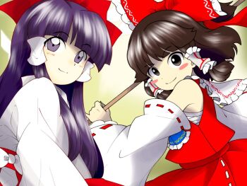 2girls bare_shoulders blunt_bangs blush_stickers brown_eyes brown_hair detached_sleeves dual_persona edwardmidori hakurei_reimu hakurei_reimu_(pc-98) japanese_clothes miko multiple_girls purple_eyes purple_hair red_ribbon red_skirt red_vest ribbon skirt smile touhou touhou_(pc-98) vest