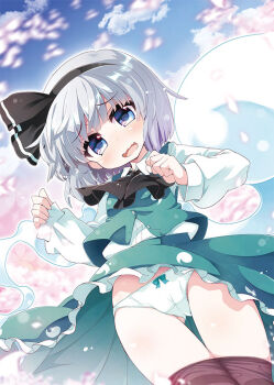 1girl akaneya blue_eyes blush bow bow_panties cameltoe clothes_lift clothes_pull female_focus hairband hitodama konpaku_youmu konpaku_youmu_(ghost) long_sleeves looking_at_viewer open_mouth panties pantyhose pantyhose_pull petals revision short_hair silver_hair skirt skirt_lift solo thighband_pantyhose touhou underwear white_panties