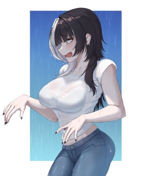 1girl absurdres black_hair black_nails blue_pants bra_visible_through_clothes breasts denim fang highres hololive hololive_english jeans large_breasts long_hair mmneko multicolored_hair open_mouth pants rain shiori_novella shirt solo split-color_hair two-tone_hair virtual_youtuber wet wet_clothes wet_shirt white_hair white_shirt yellow_eyes