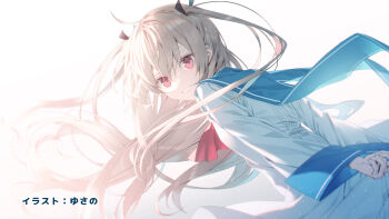 1girl :d absurdres ahoge arms_behind_back ascot atri atri-my_dear_moments- black_ribbon bloom blue_sailor_collar brown_hair dress end_card floating_clothes floating_hair from_behind grin hair_between_eyes hair_intakes hair_ribbon highres leaning_forward long_hair long_sleeves looking_at_viewer looking_back official_art open_mouth red_ascot red_eyes ribbon sailor_collar sailor_dress sidelighting simple_background smile solo two_side_up very_long_hair white_background white_dress wide_sleeves