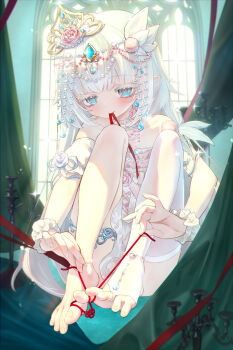 1girl absurdres bare_shoulders barefoot blue_eyes blush feet flower gem hair_ornament highres indoors jewelry long_hair looking_at_viewer mouth_hold no_shoes pointy_ears ribbon single_thighhigh sitting solo string thighhighs toeless_legwear toenails toes trap white_hair white_thighhighs window xiaomu314